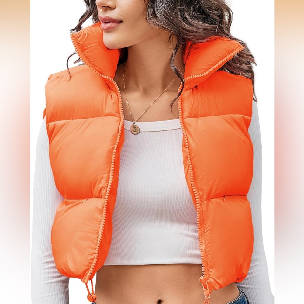 Orange Puffer Vest Sleeveless Jacket - Women's Lightweight Outerwear
